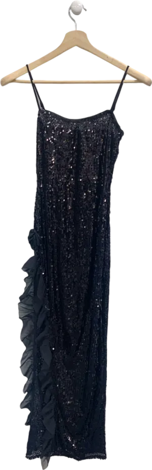 PrettyLittleThing Black Sheer Sequin Rose Detail Ruffle Trim Split Leg Maxi UK 8