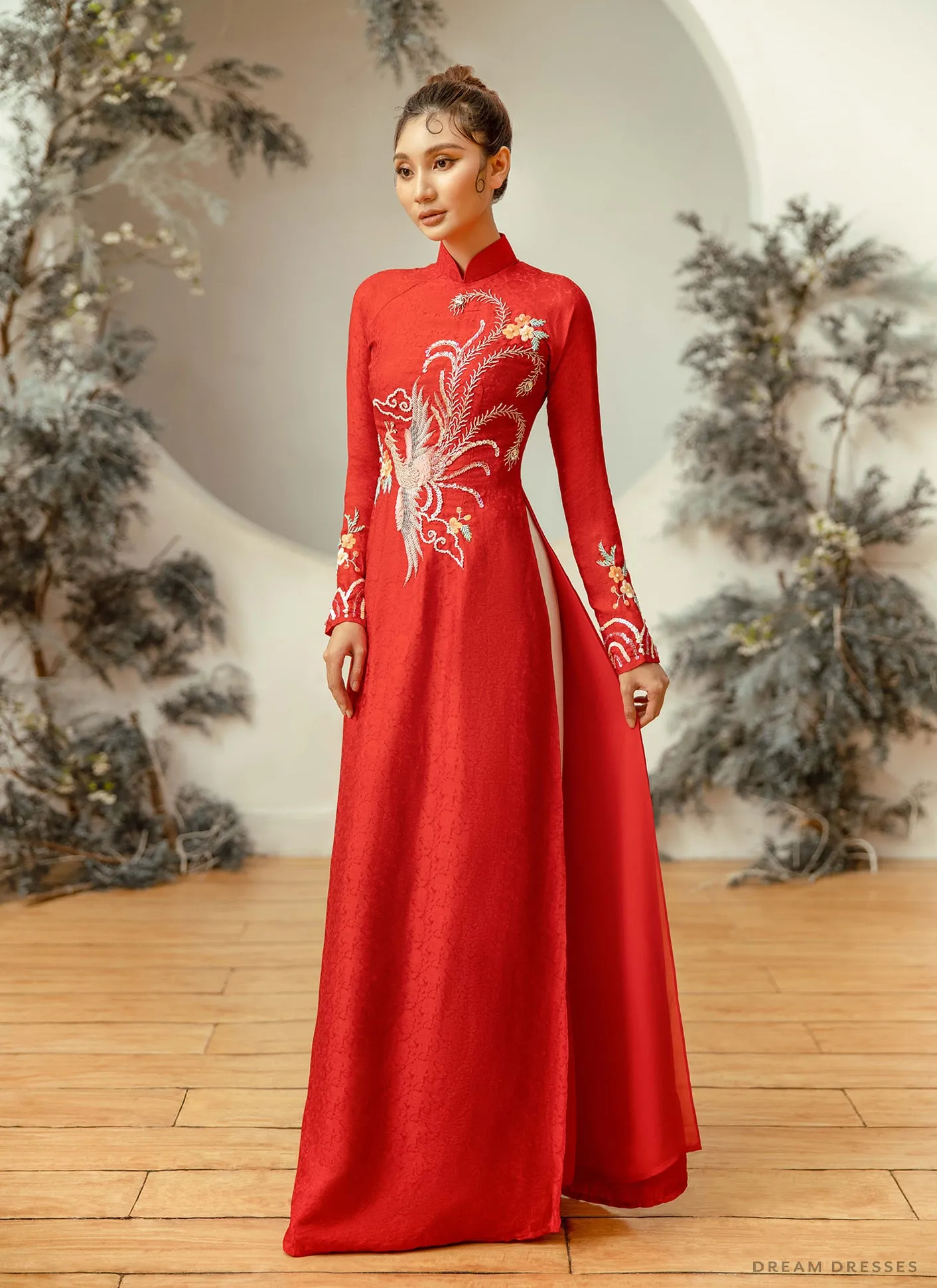 Red Bridal Ao Dai | Vietnamese Traditional Bridal Dress with Phoenix Embellishments (#AMAYA)