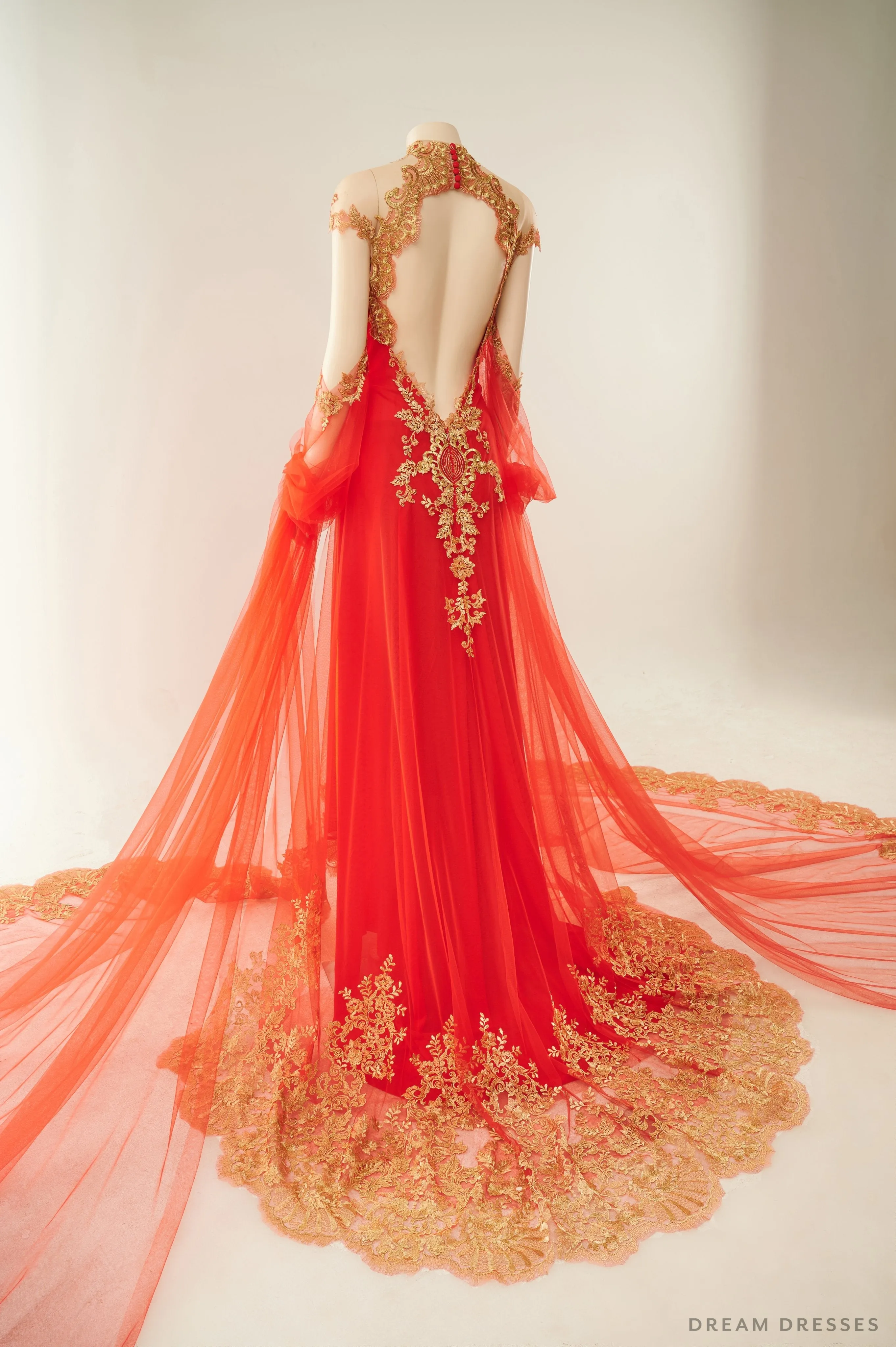 Red Bridal Ao Dai with Gold Lace | Vietnamese Bridal Dress (#ALESSIA)