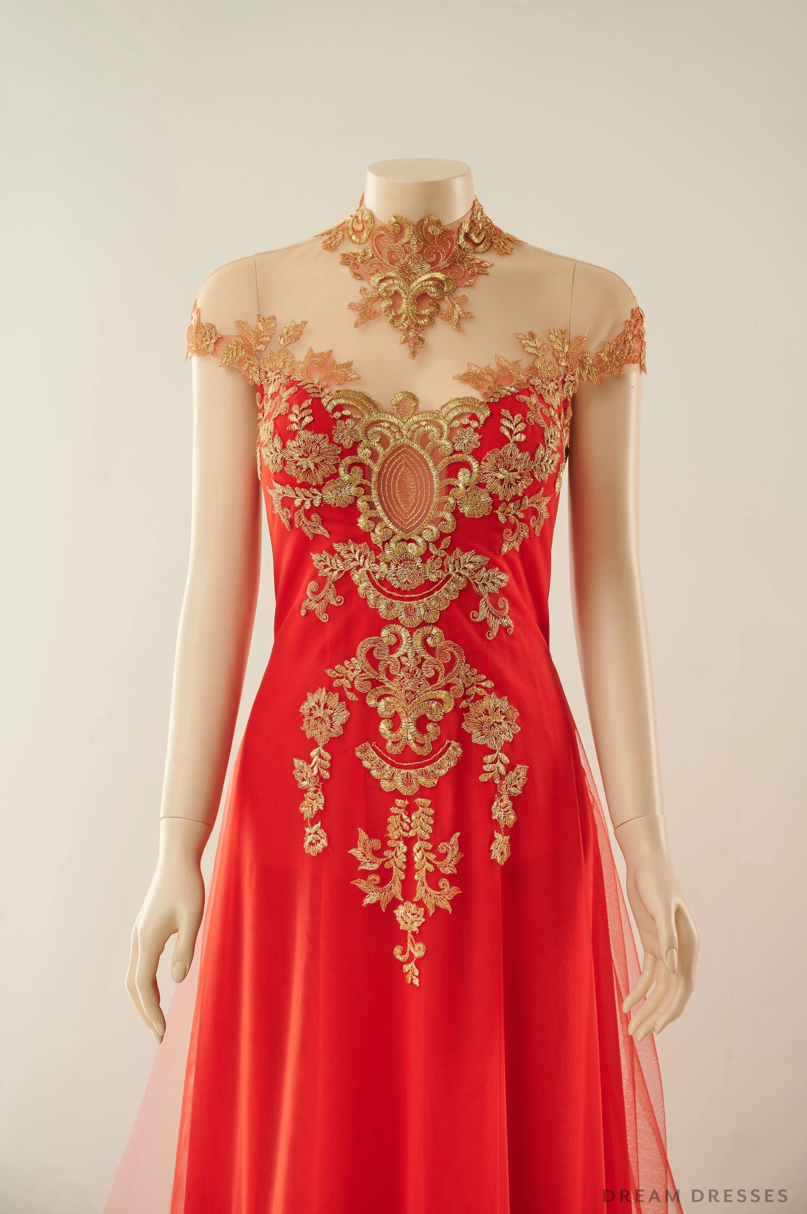 Red Bridal Ao Dai with Gold Lace | Vietnamese Bridal Dress (#ALESSIA)