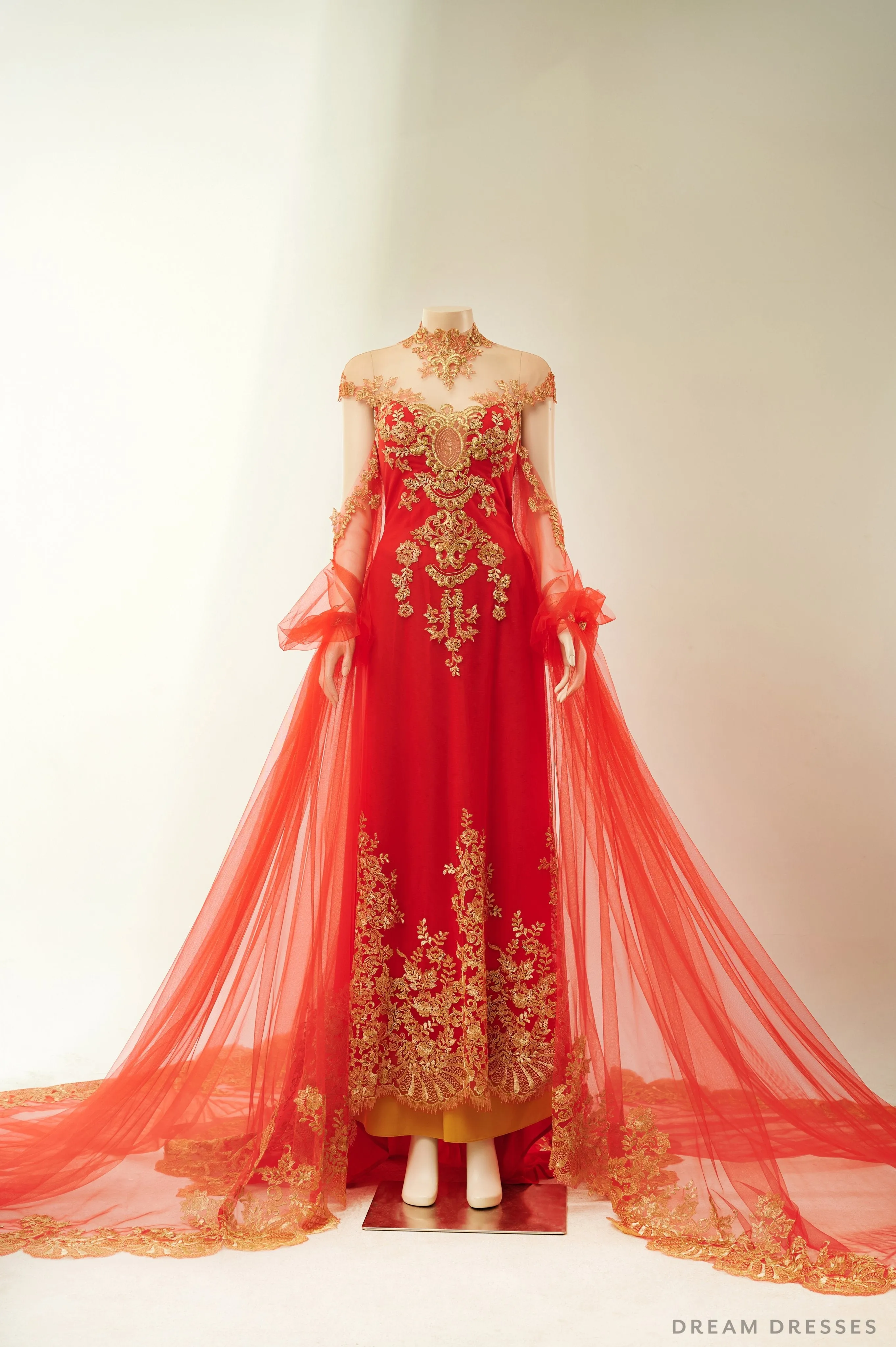 Red Bridal Ao Dai with Gold Lace | Vietnamese Bridal Dress (#ALESSIA)