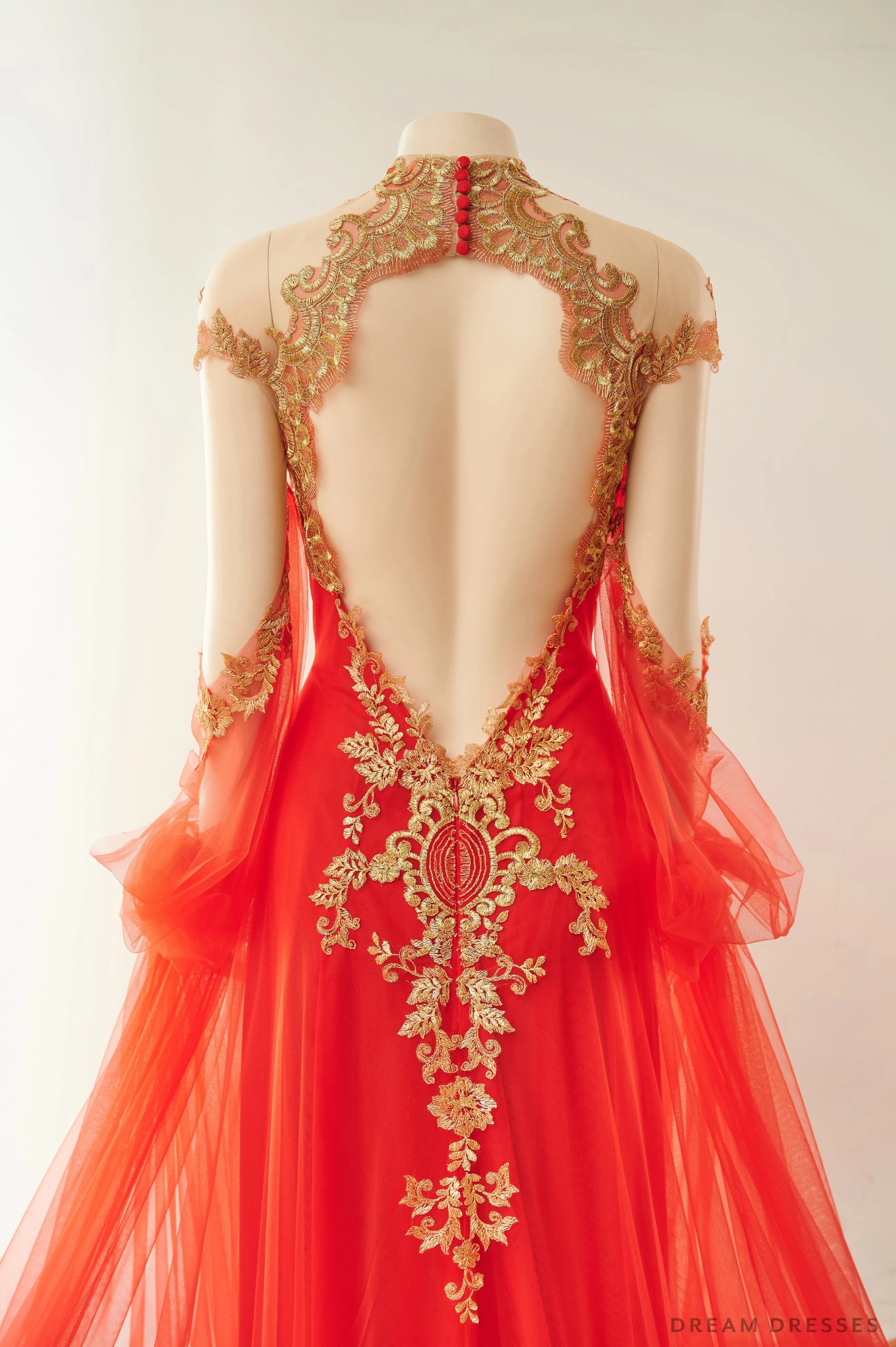 Red Bridal Ao Dai with Gold Lace | Vietnamese Bridal Dress (#ALESSIA)