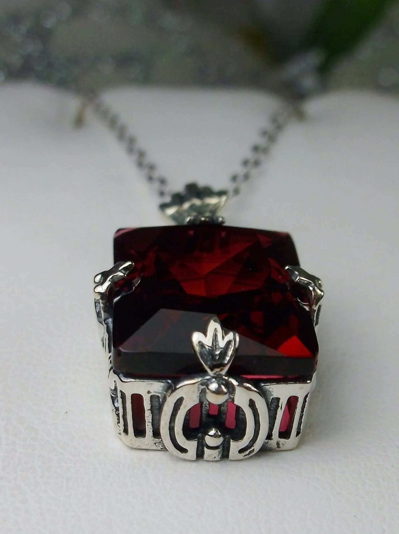Red Ruby Pendant, Rectangle Pendant, Vintage Art Deco Necklace, Design#P15 - Ready to Ship