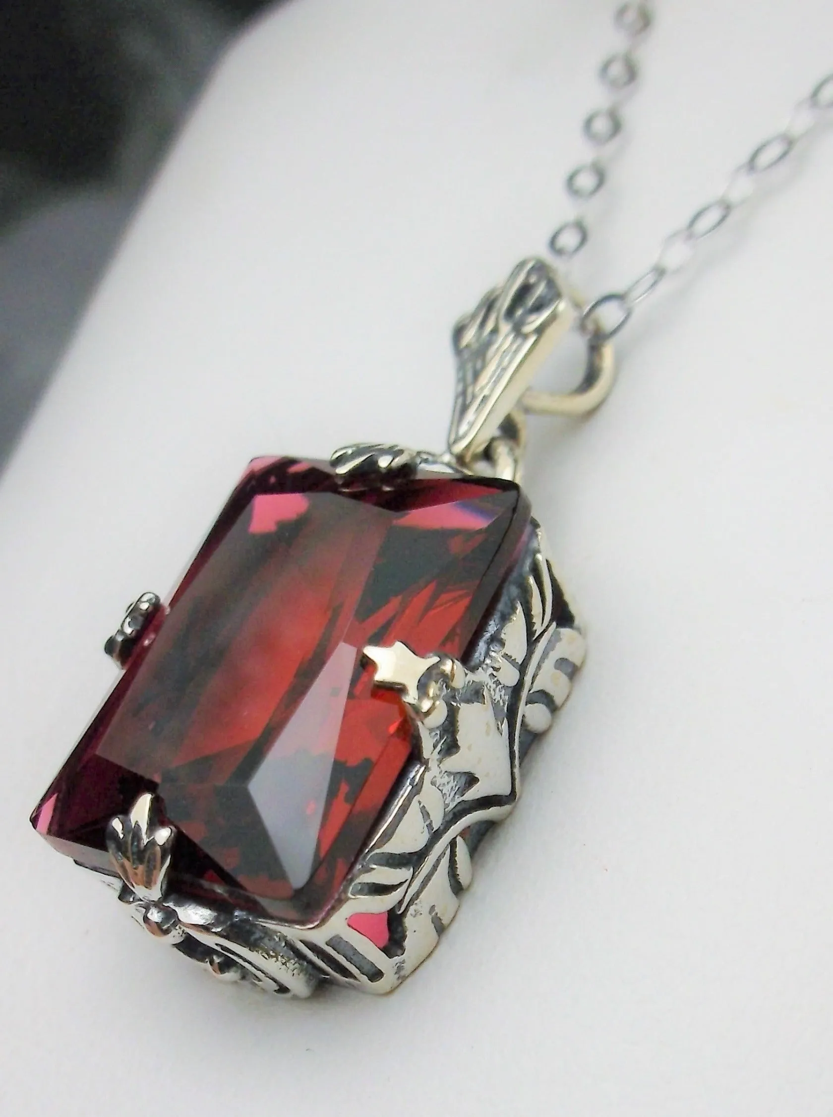 Red Ruby Pendant, Rectangle Pendant, Vintage Art Deco Necklace, Design#P15 - Ready to Ship