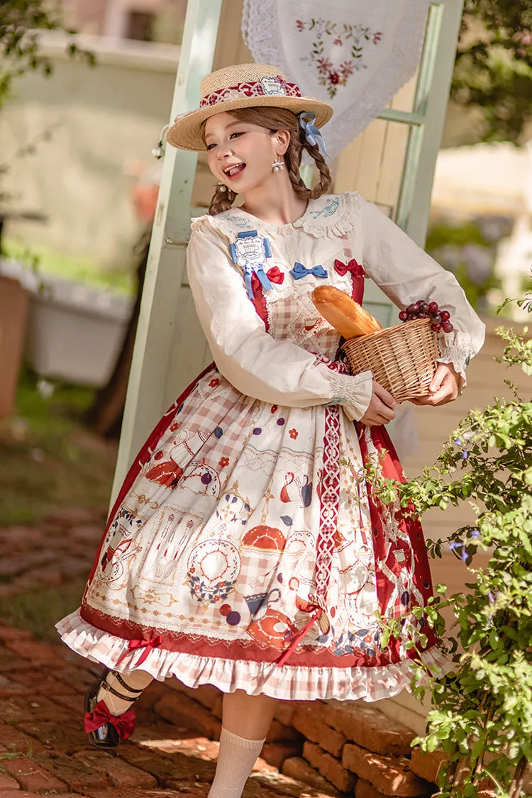 Red [Tea Party] Print Ruffle Bowknot Lace Sweet Elegant Lolita Jsk Dress