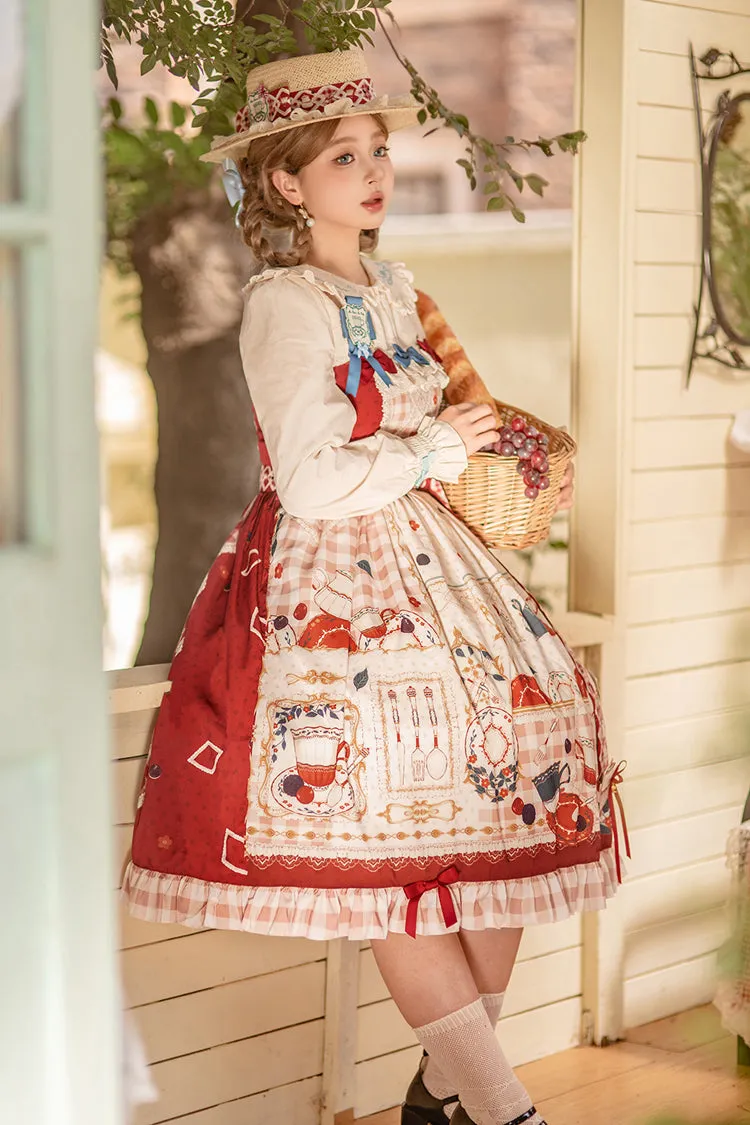 Red [Tea Party] Print Ruffle Bowknot Lace Sweet Elegant Lolita Jsk Dress
