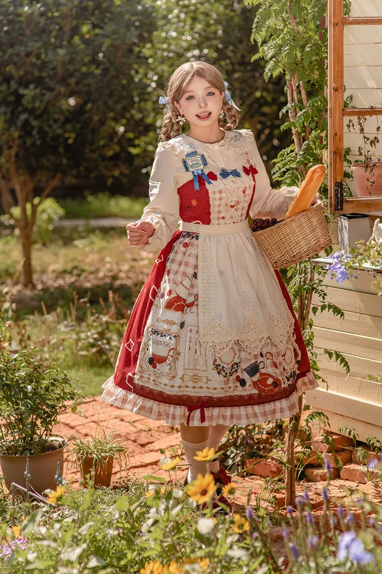 Red [Tea Party] Print Ruffle Bowknot Lace Sweet Elegant Lolita Jsk Dress