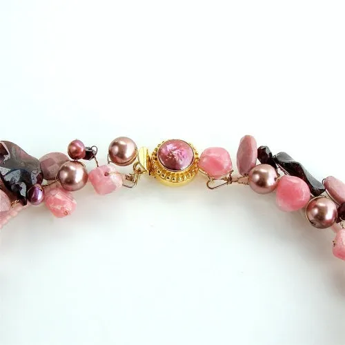 Rhodochrosite Garnet Pearls Choker Necklace Druzy Pendant - Rachelle Necklace