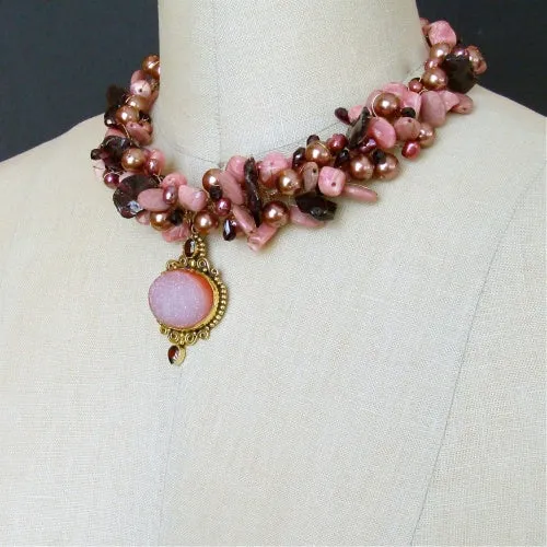 Rhodochrosite Garnet Pearls Choker Necklace Druzy Pendant - Rachelle Necklace