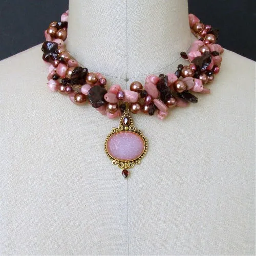 Rhodochrosite Garnet Pearls Choker Necklace Druzy Pendant - Rachelle Necklace