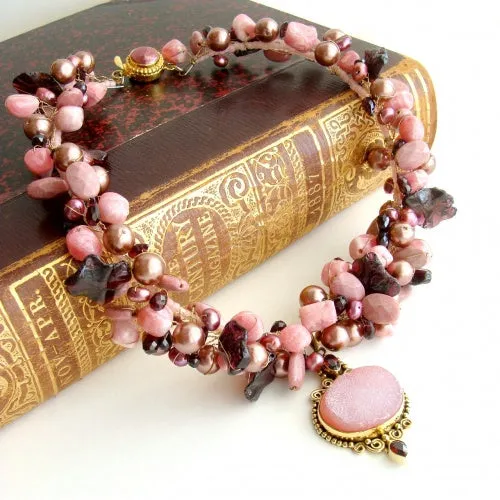 Rhodochrosite Garnet Pearls Choker Necklace Druzy Pendant - Rachelle Necklace