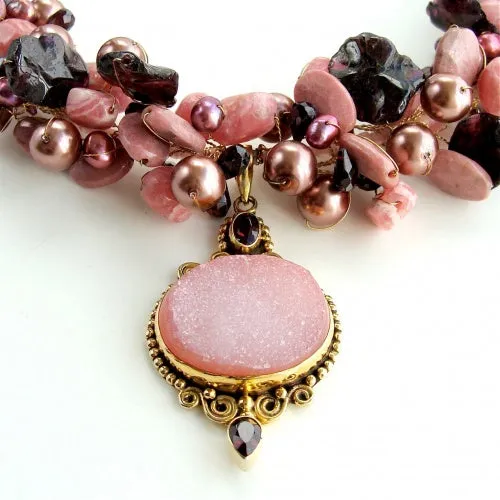Rhodochrosite Garnet Pearls Choker Necklace Druzy Pendant - Rachelle Necklace
