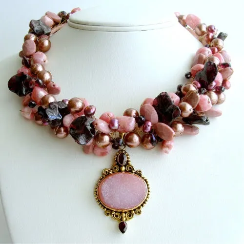 Rhodochrosite Garnet Pearls Choker Necklace Druzy Pendant - Rachelle Necklace