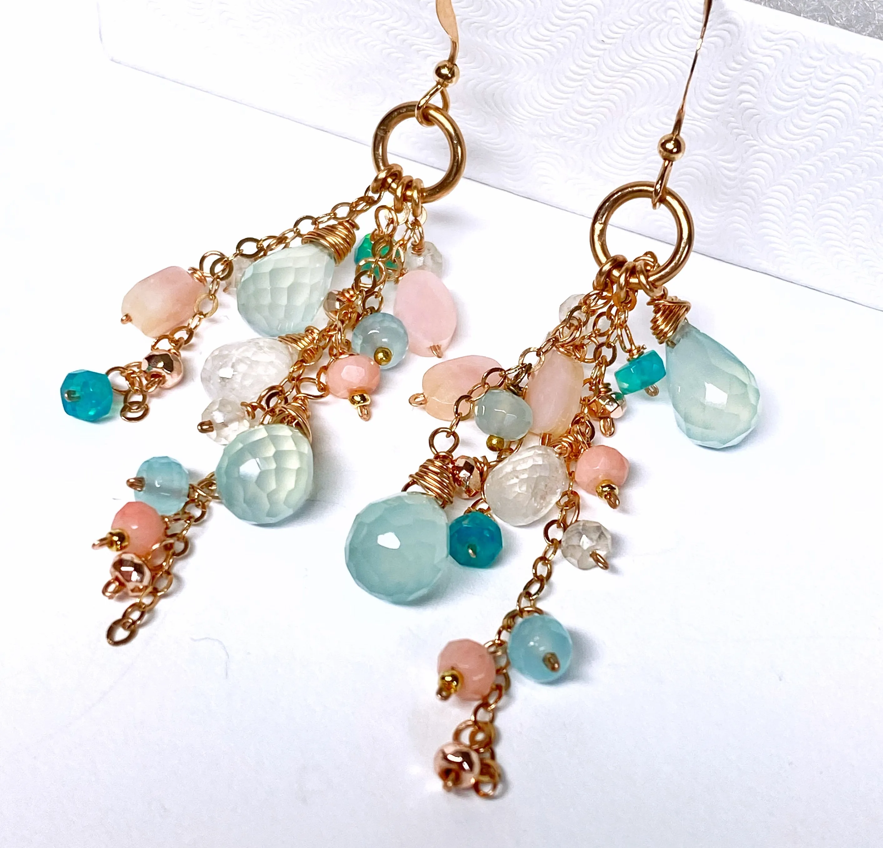 Rose Gold Fill Long Dangle Earrings with Aqua Chalcedony and Pink Opal