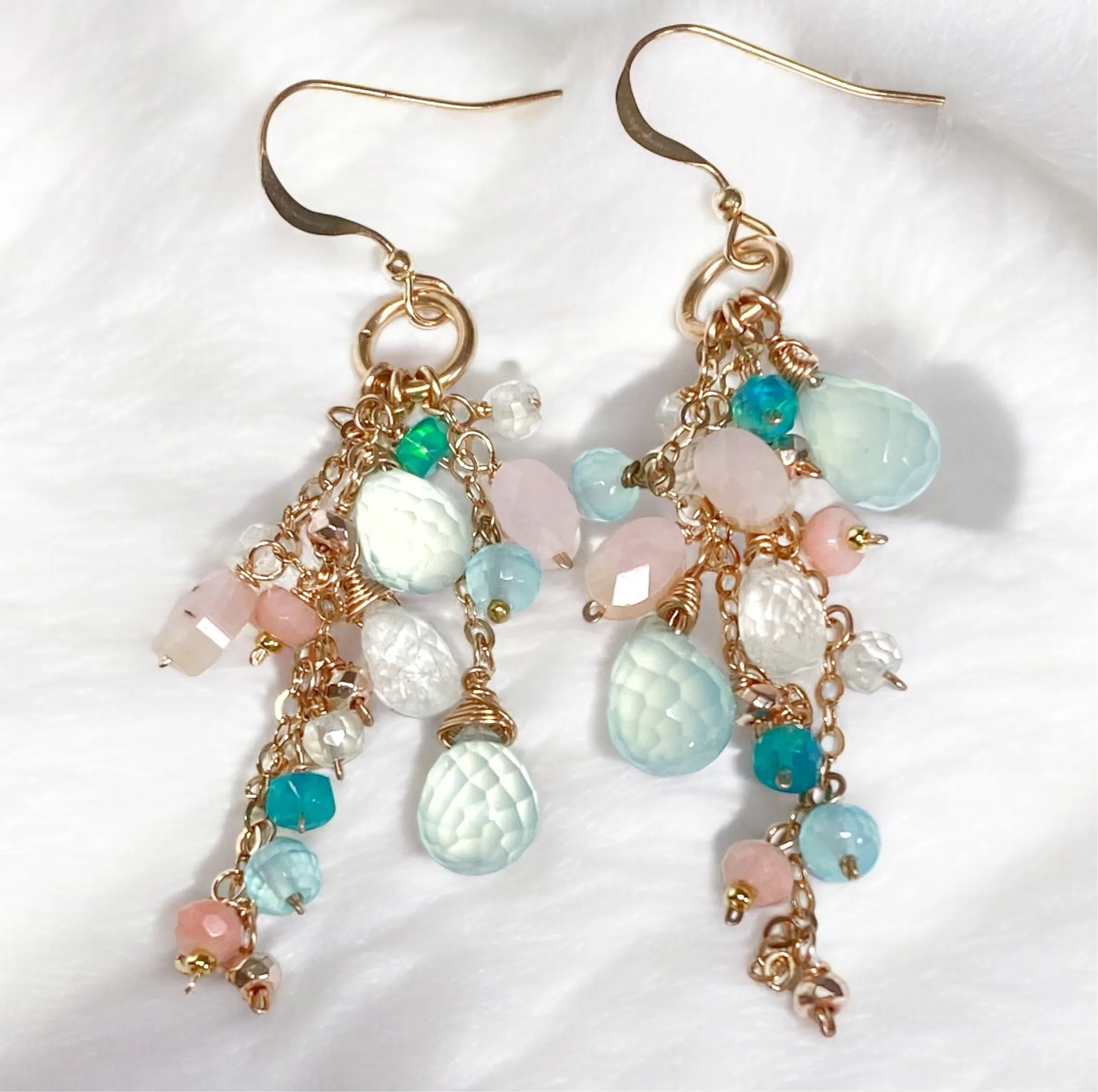 Rose Gold Fill Long Dangle Earrings with Aqua Chalcedony and Pink Opal