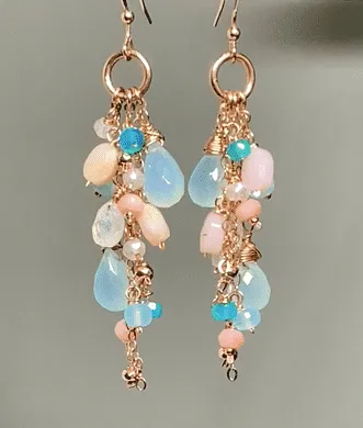 Rose Gold Fill Long Dangle Earrings with Aqua Chalcedony and Pink Opal