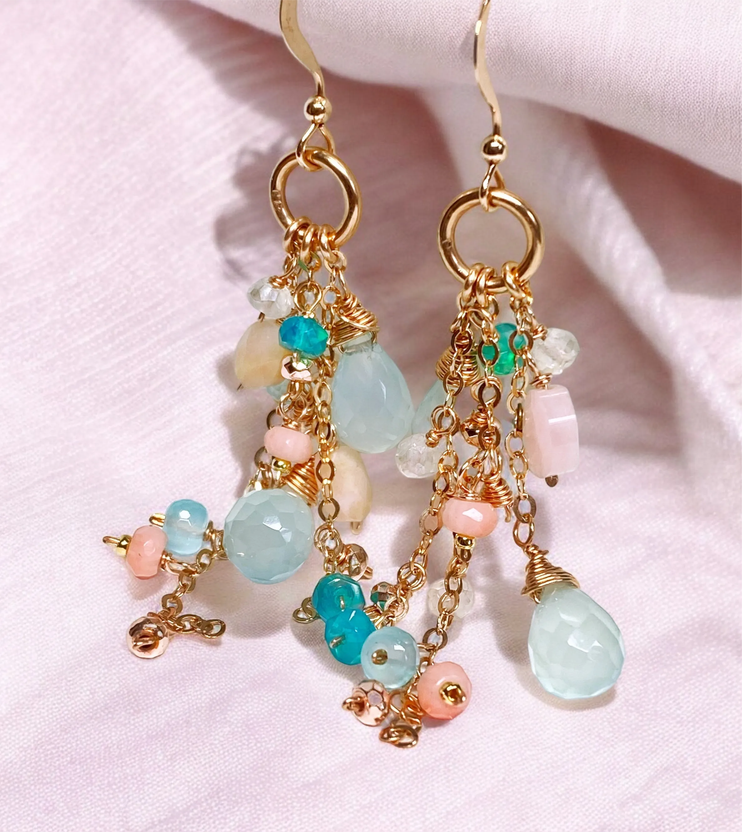 Rose Gold Fill Long Dangle Earrings with Aqua Chalcedony and Pink Opal