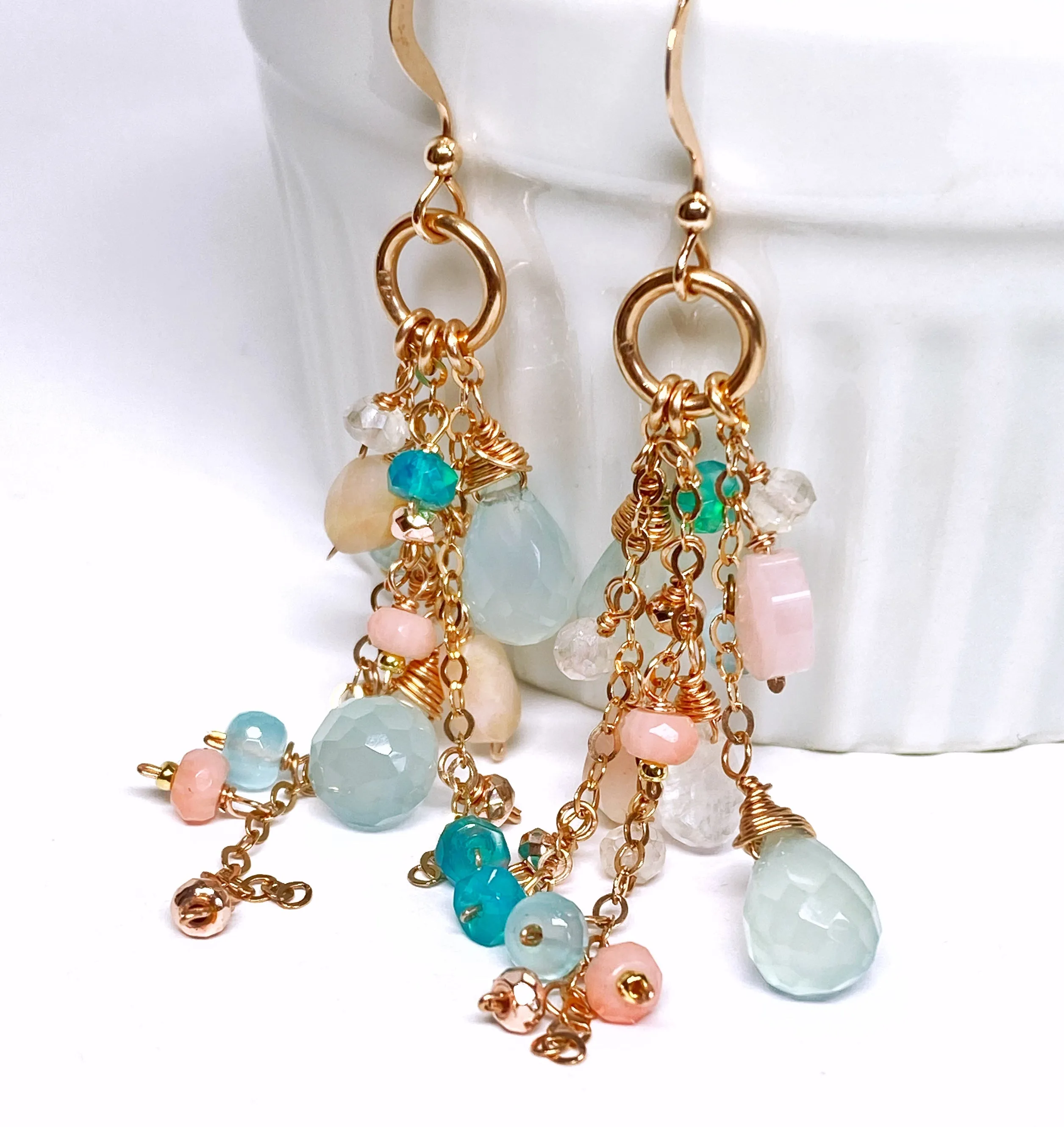 Rose Gold Fill Long Dangle Earrings with Aqua Chalcedony and Pink Opal