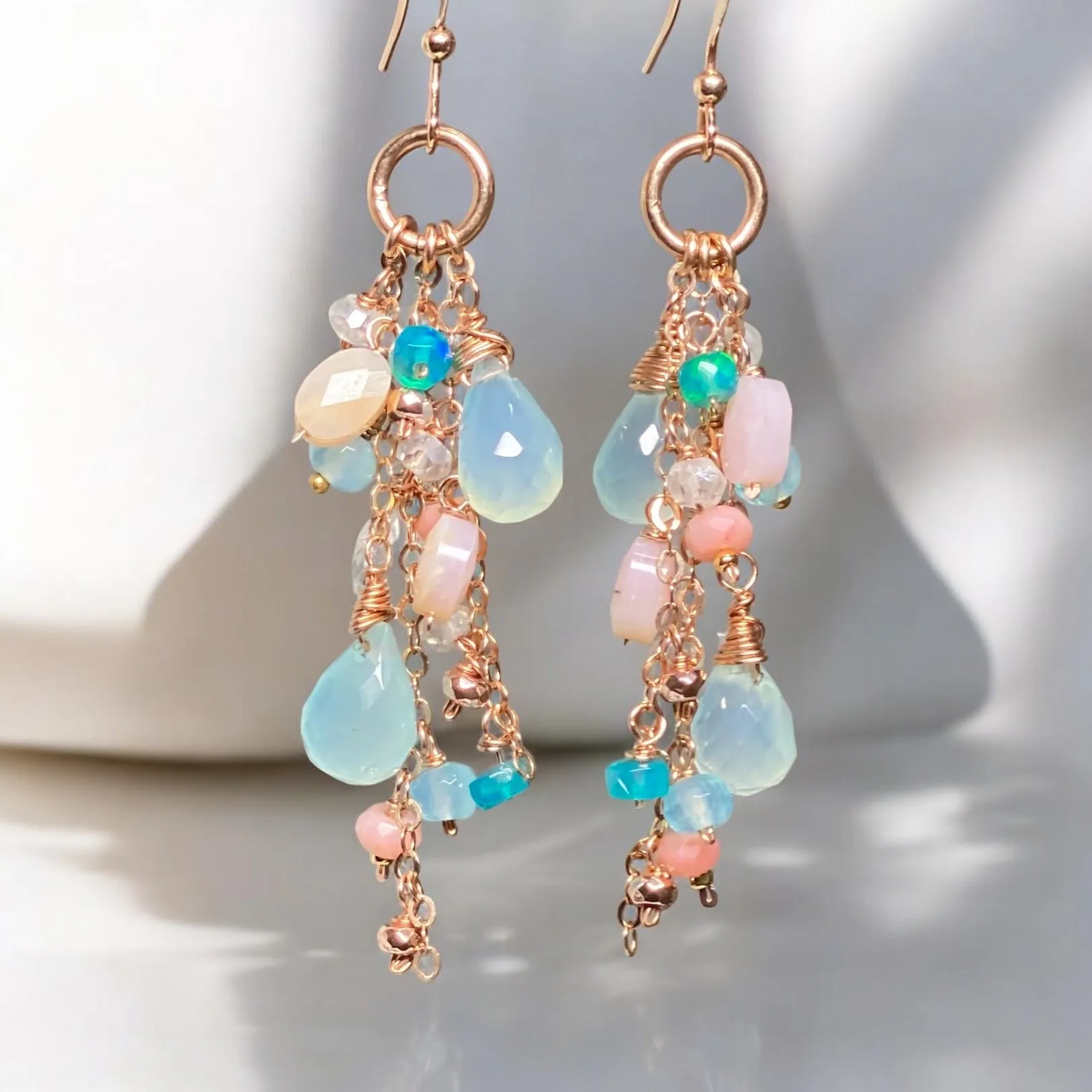 Rose Gold Fill Long Dangle Earrings with Aqua Chalcedony and Pink Opal