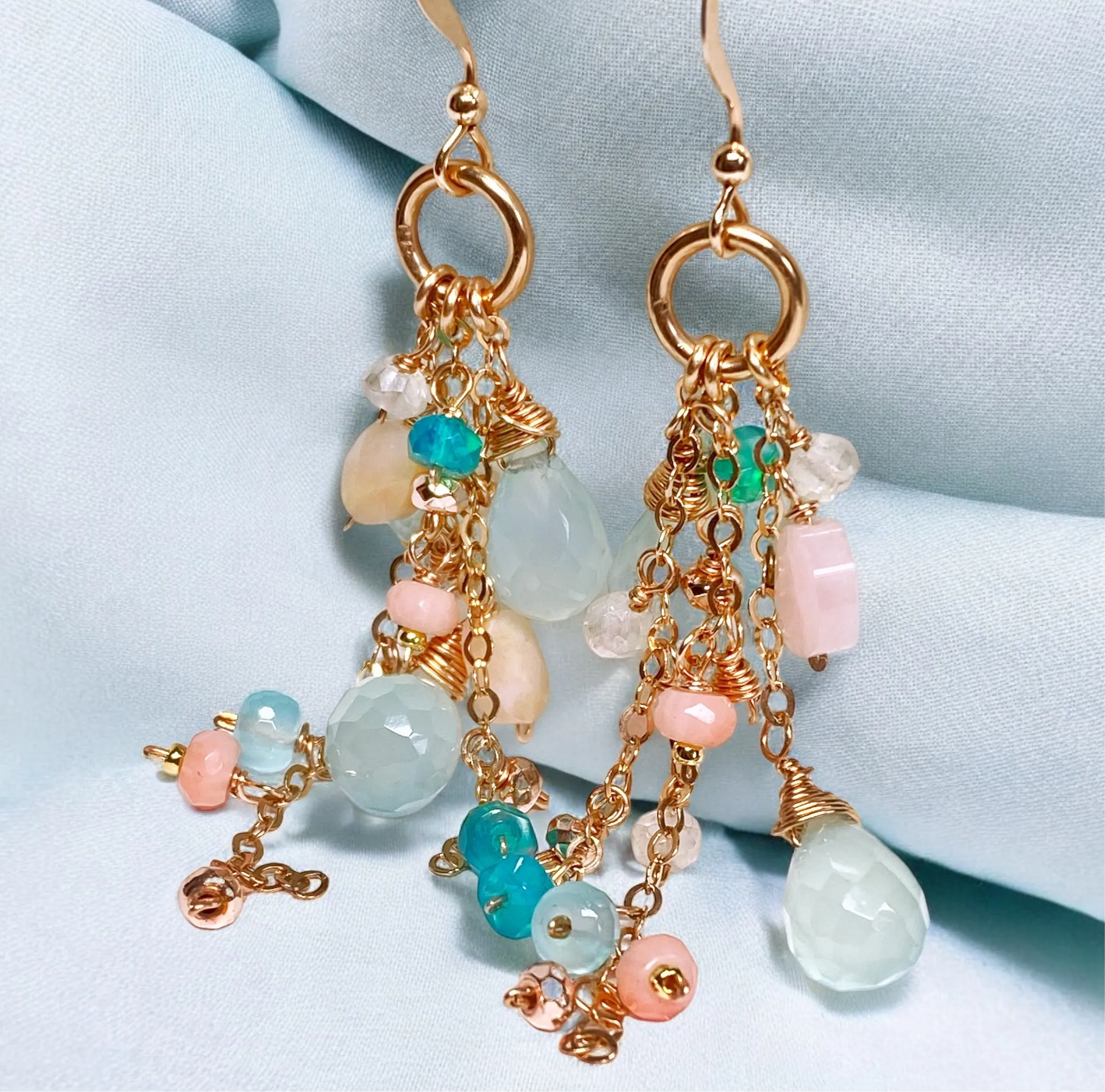 Rose Gold Fill Long Dangle Earrings with Aqua Chalcedony and Pink Opal