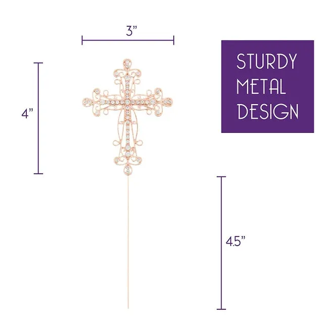 Rose Gold Scroll Crystal Cross Cake Topper