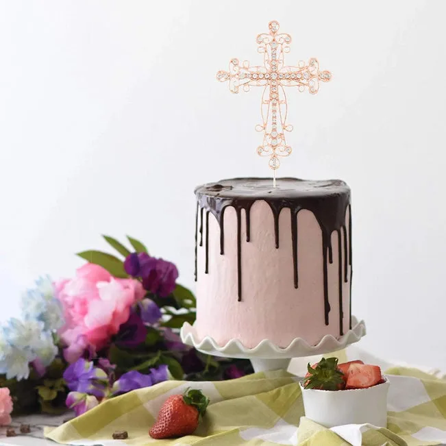 Rose Gold Scroll Crystal Cross Cake Topper