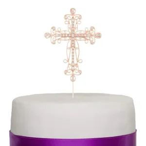 Rose Gold Scroll Crystal Cross Cake Topper