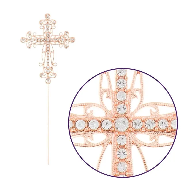 Rose Gold Scroll Crystal Cross Cake Topper