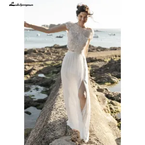 Roycebridal 2025Two Pieces High Split Lace Top Chiffon Wedding Dress O Neck Short Sleeve Bridal Gowns robe de soirée de mariage Lakshmigown
