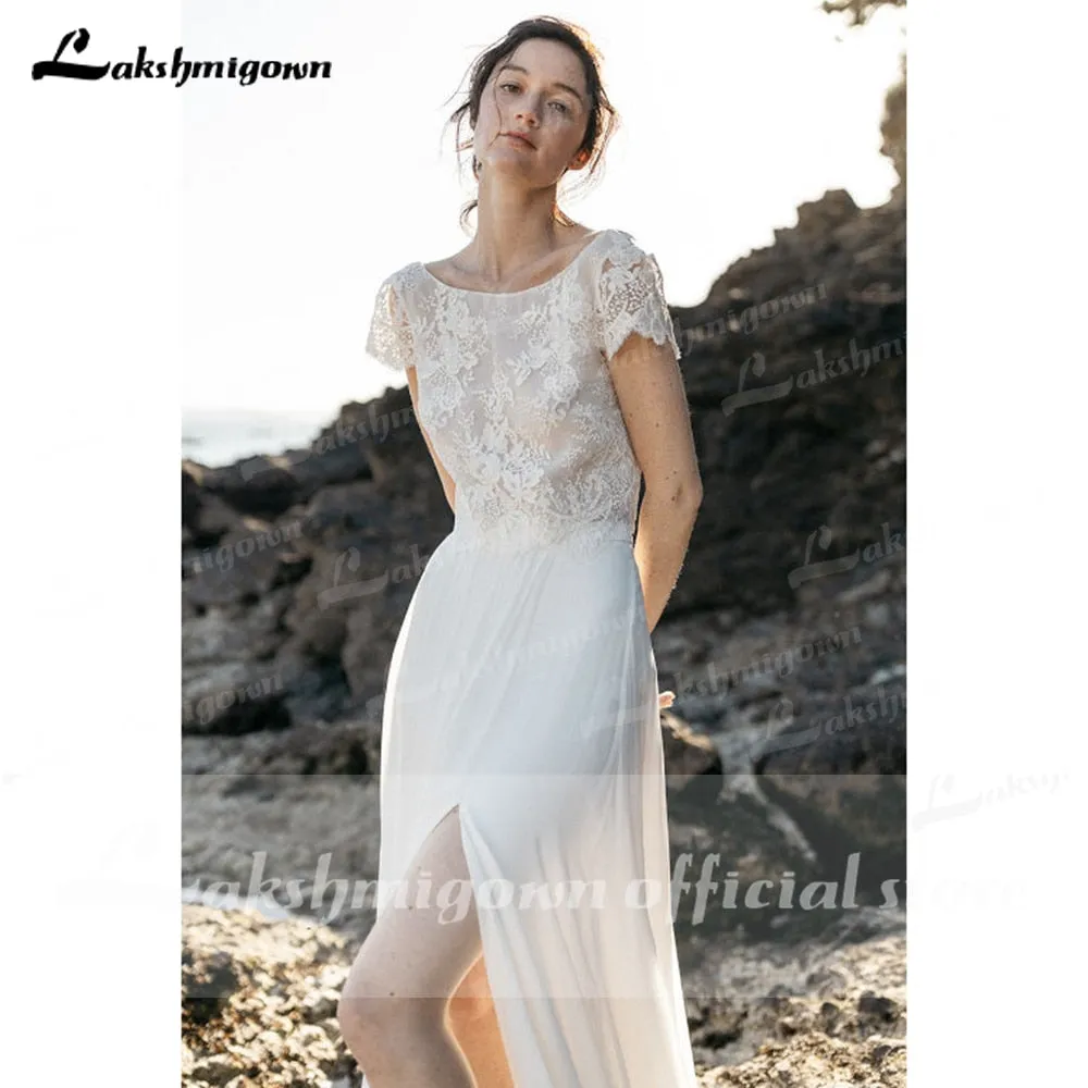 Roycebridal 2025Two Pieces High Split Lace Top Chiffon Wedding Dress O Neck Short Sleeve Bridal Gowns robe de soirée de mariage Lakshmigown