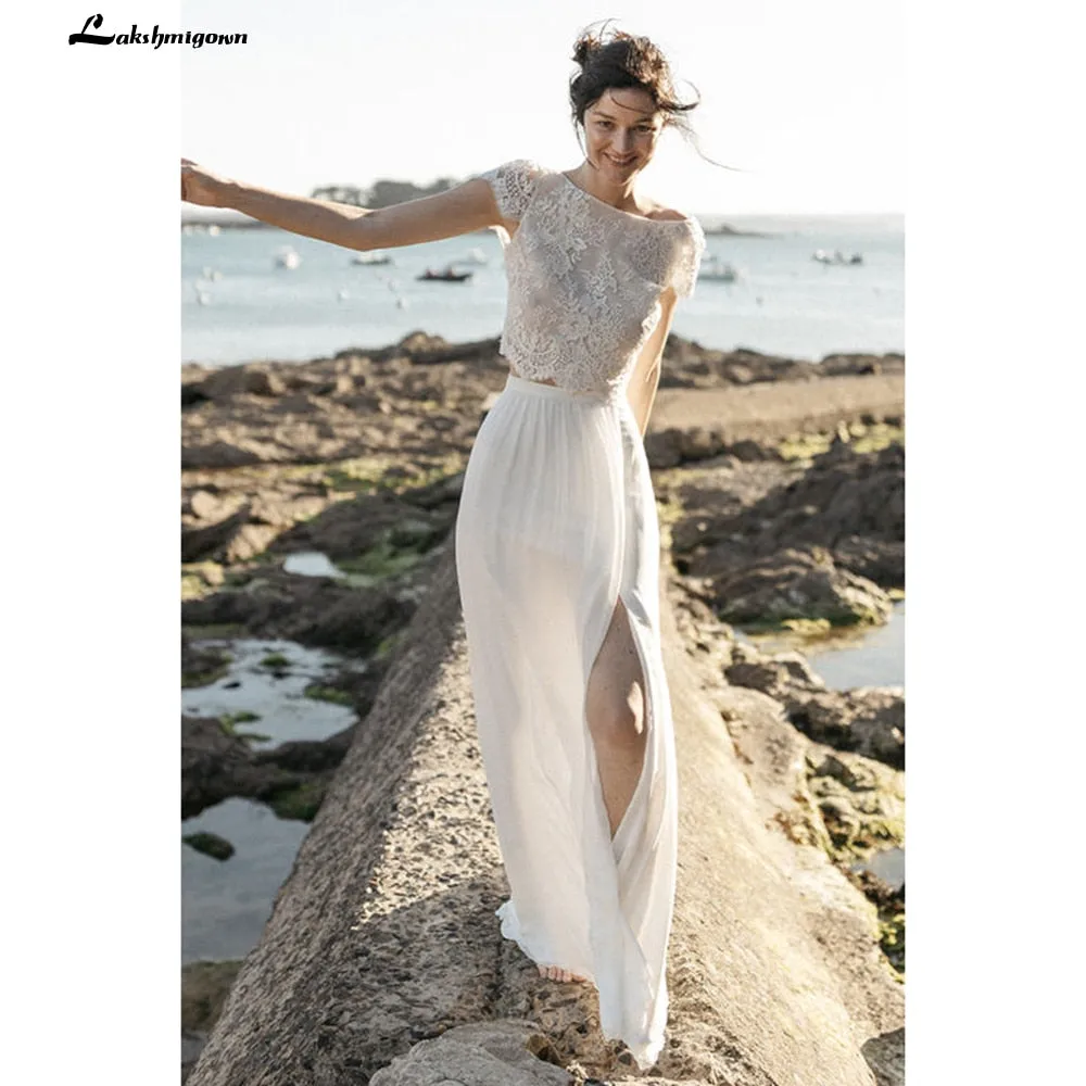Roycebridal 2025Two Pieces High Split Lace Top Chiffon Wedding Dress O Neck Short Sleeve Bridal Gowns robe de soirée de mariage Lakshmigown