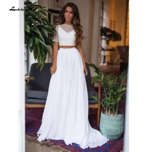 Roycebridal Backless Tulle Short Sleeve Lace Bow Wedding Dresses