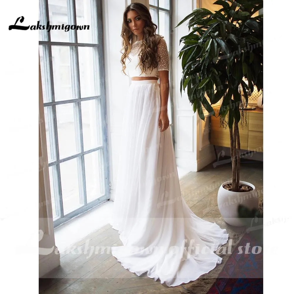 Roycebridal Backless Tulle Short Sleeve Lace Bow Wedding Dresses