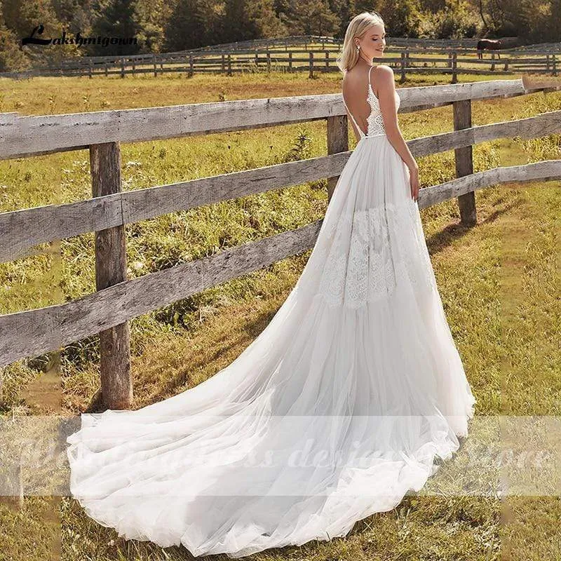 Roycebridal Beach Lace A Line Wedding Dresses with Spaghetti Straps Backless