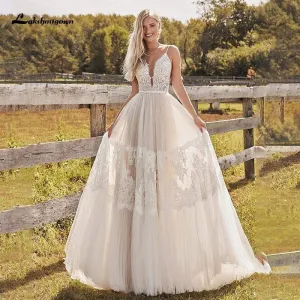 Roycebridal Beach Lace A Line Wedding Dresses with Spaghetti Straps Backless