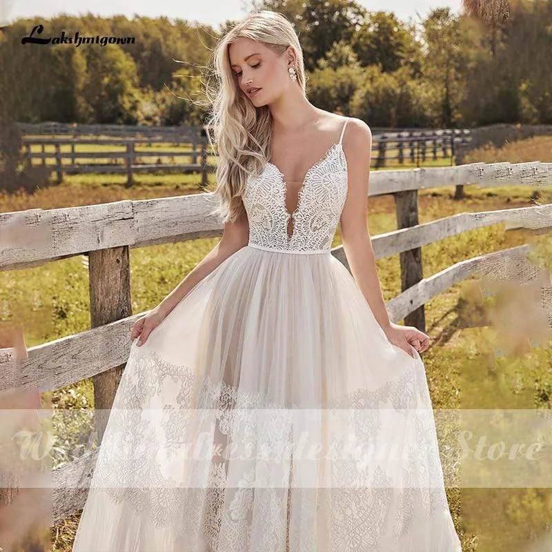 Roycebridal Beach Lace A Line Wedding Dresses with Spaghetti Straps Backless