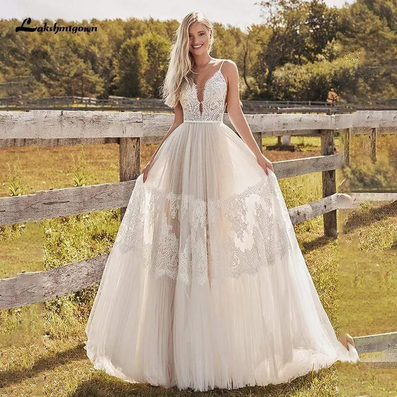 Roycebridal Beach Lace A Line Wedding Dresses with Spaghetti Straps Backless
