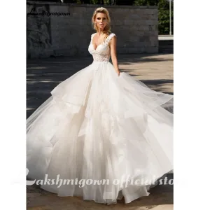 Roycebridal Elegant A-Line Ruffles Beach Champagne Wedding Dresses Deep V neck