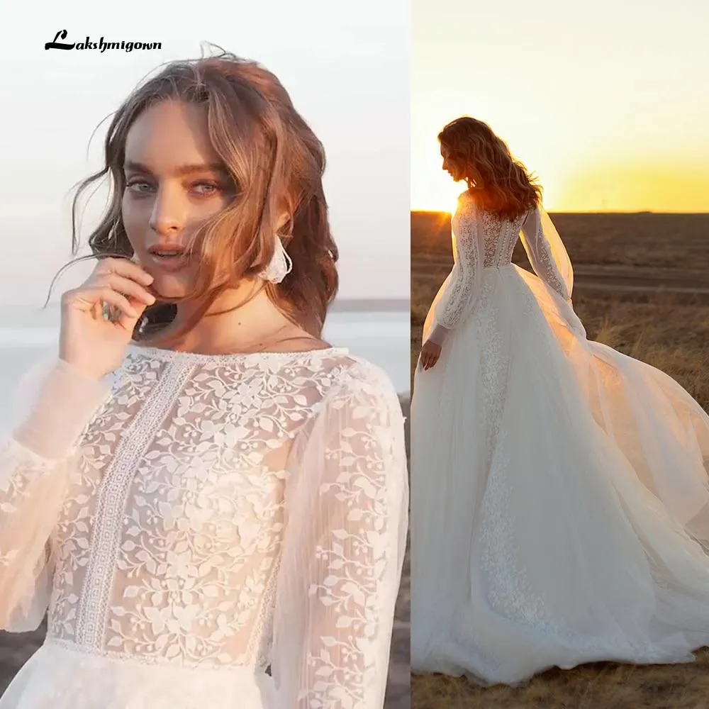 Roycebridal Newest Long Sleeve O Neck Lace Wedding Dresses