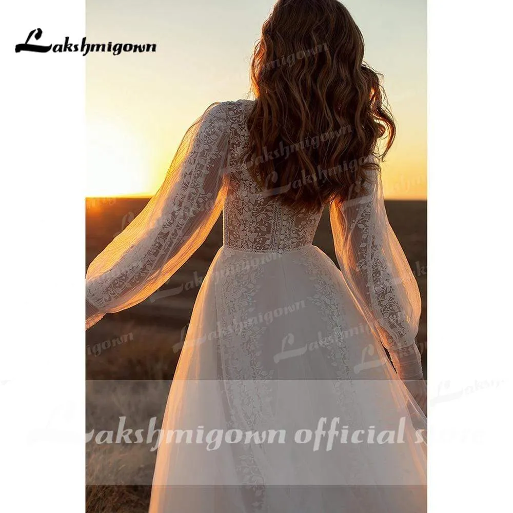 Roycebridal Newest Long Sleeve O Neck Lace Wedding Dresses