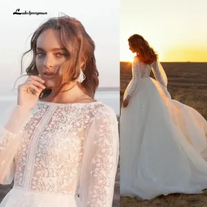Roycebridal Newest Long Sleeve O Neck Lace Wedding Dresses