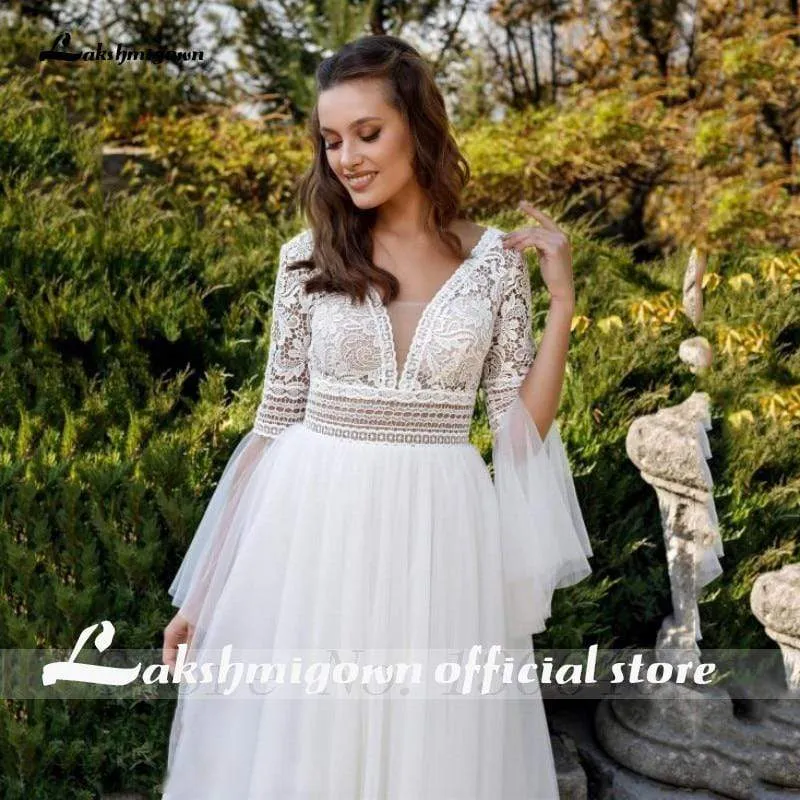 Roycebridal Princess Flare Sleeve Wedding Dresses V Neck A Line Tulle