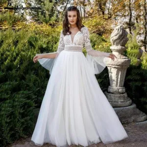 Roycebridal Princess Flare Sleeve Wedding Dresses V Neck A Line Tulle