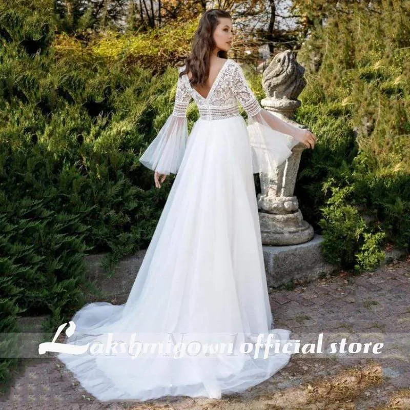 Roycebridal Princess Flare Sleeve Wedding Dresses V Neck A Line Tulle
