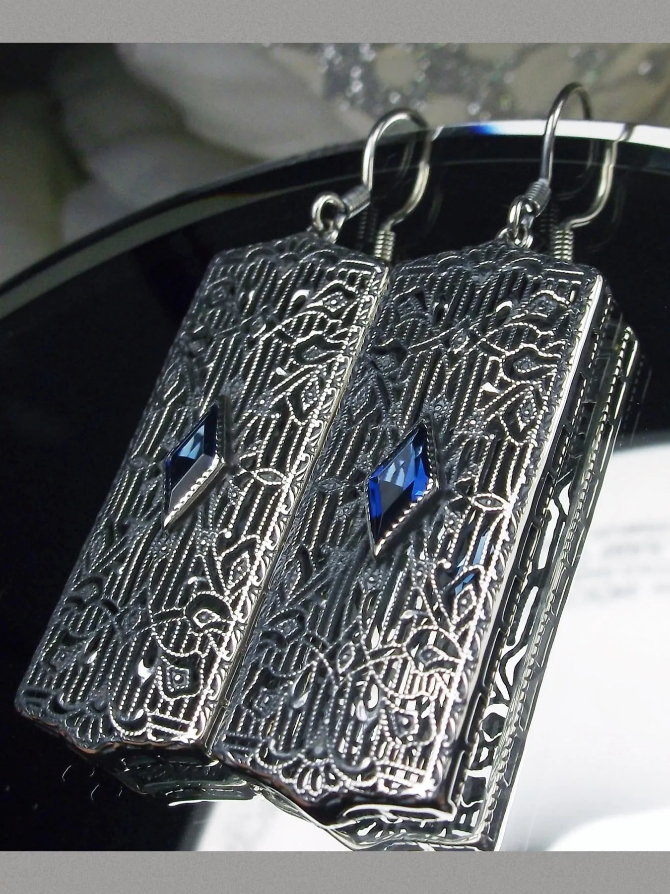 Sapphire Earrings, Art Deco 1920's Revival Jewelry #E64