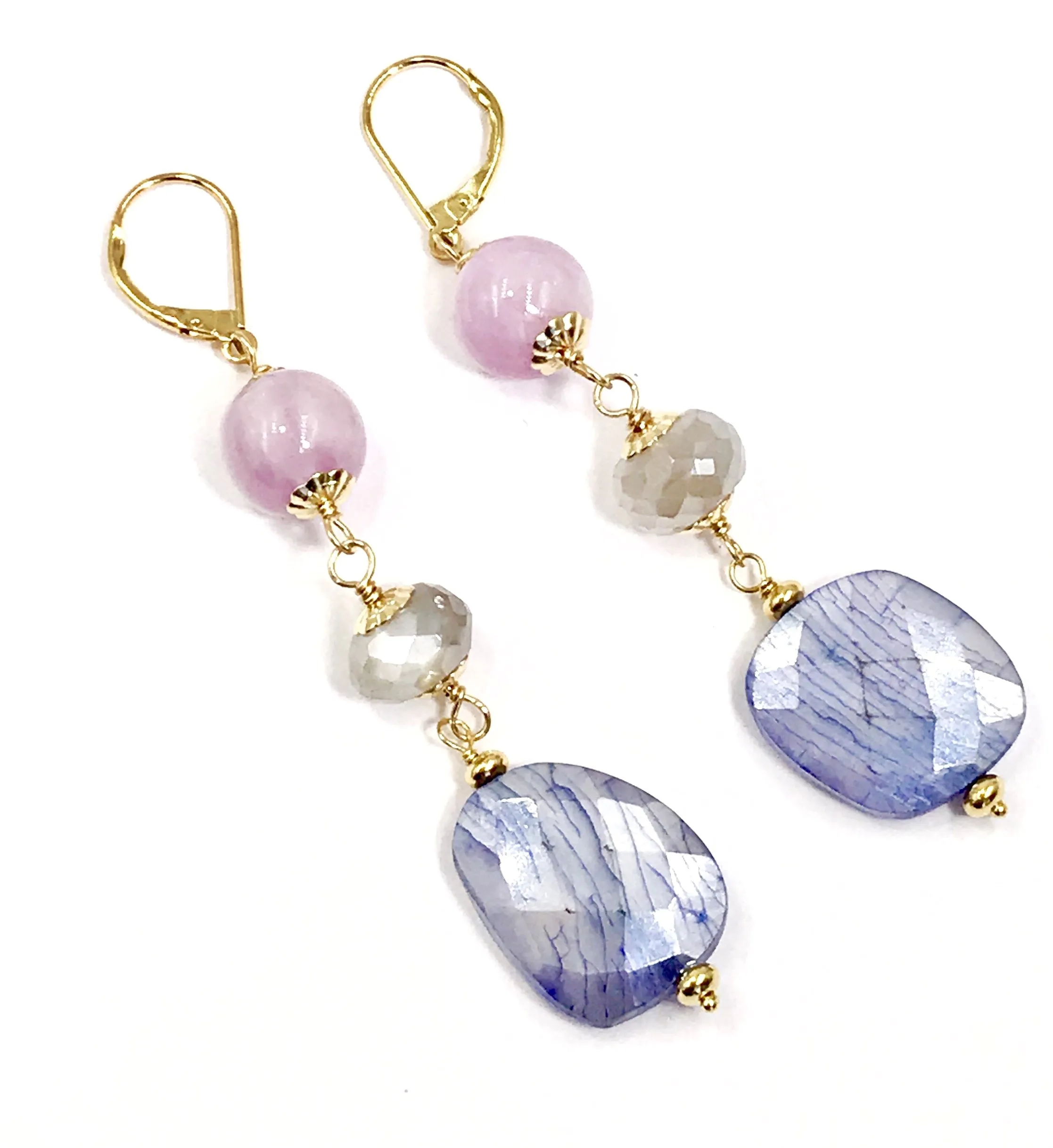 Sapphire Gem Slice and Kunzite, Moonstone Dangle Earrings