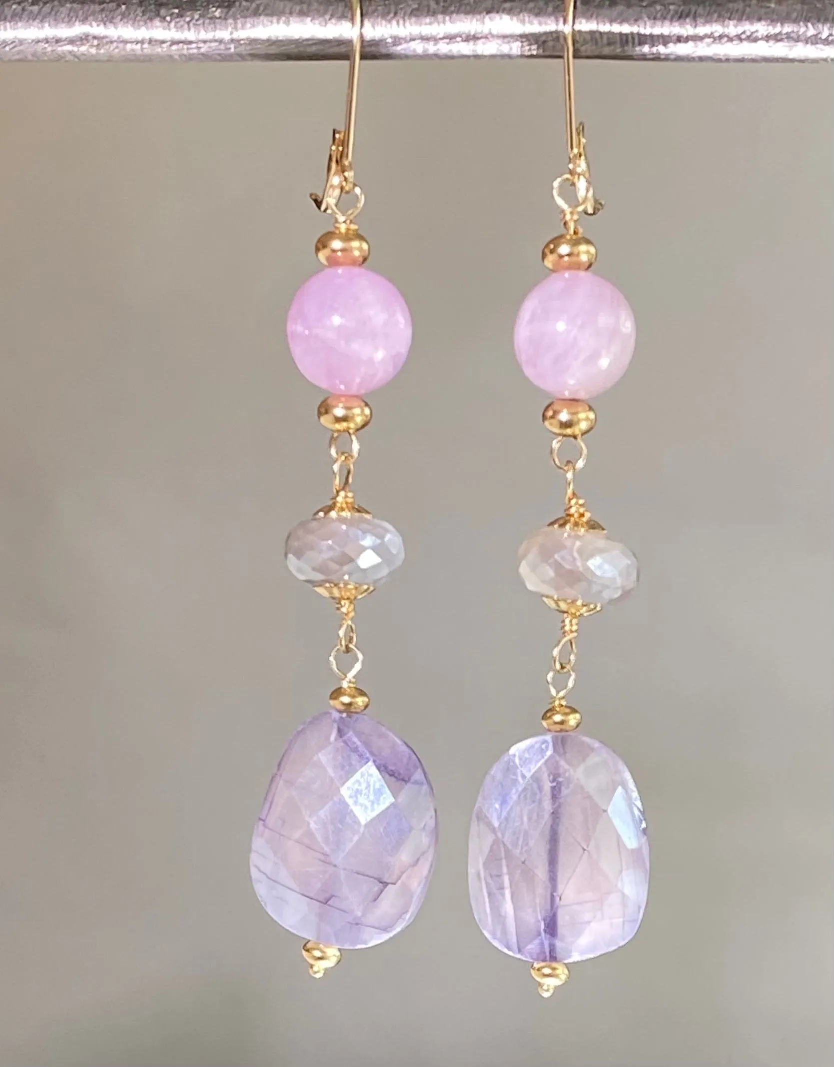 Sapphire Gem Slice and Kunzite, Moonstone Dangle Earrings