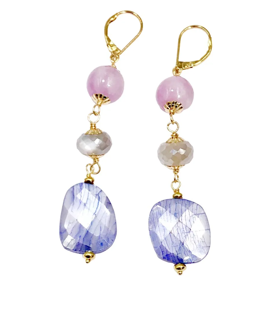 Sapphire Gem Slice and Kunzite, Moonstone Dangle Earrings