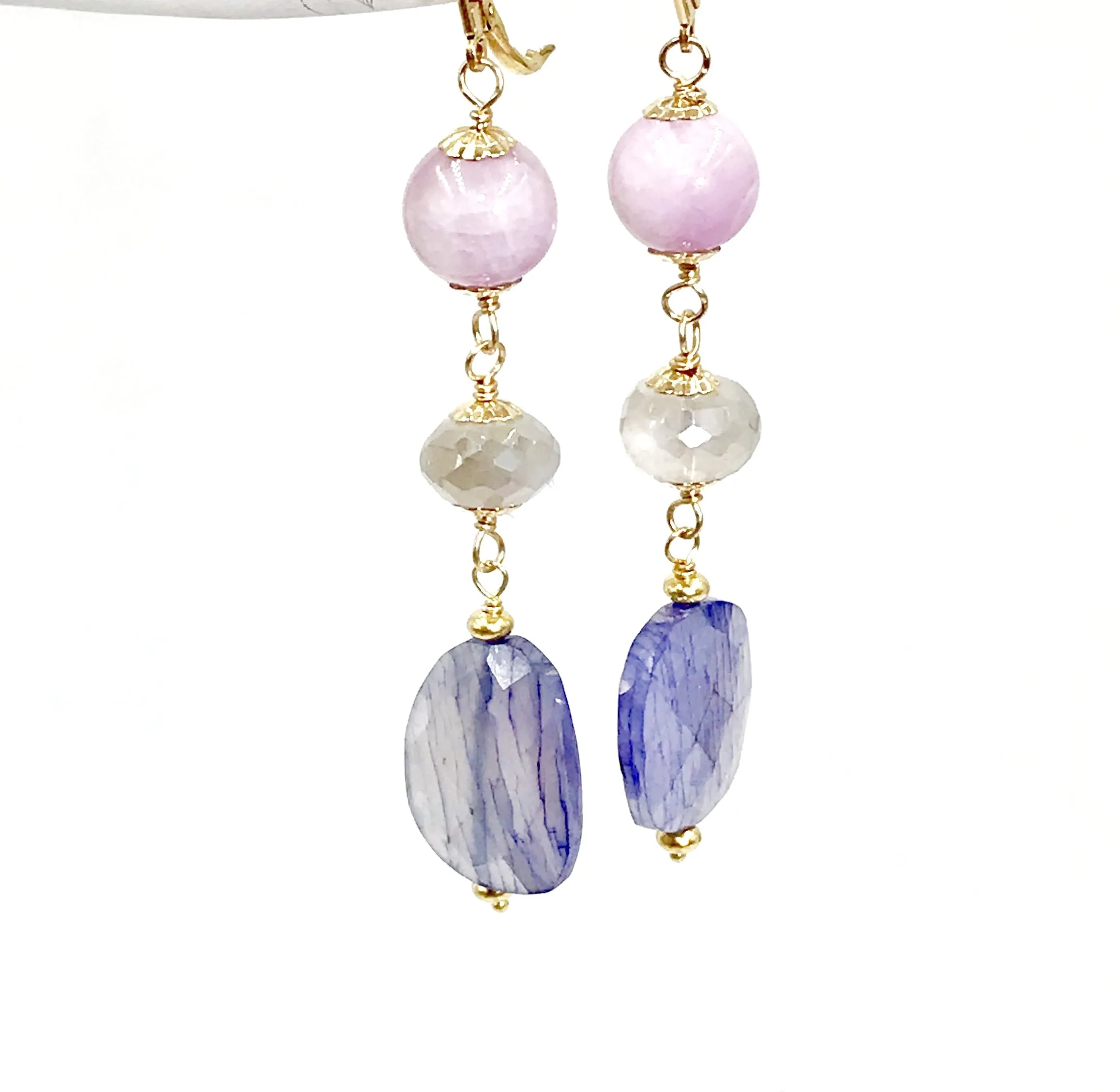 Sapphire Gem Slice and Kunzite, Moonstone Dangle Earrings