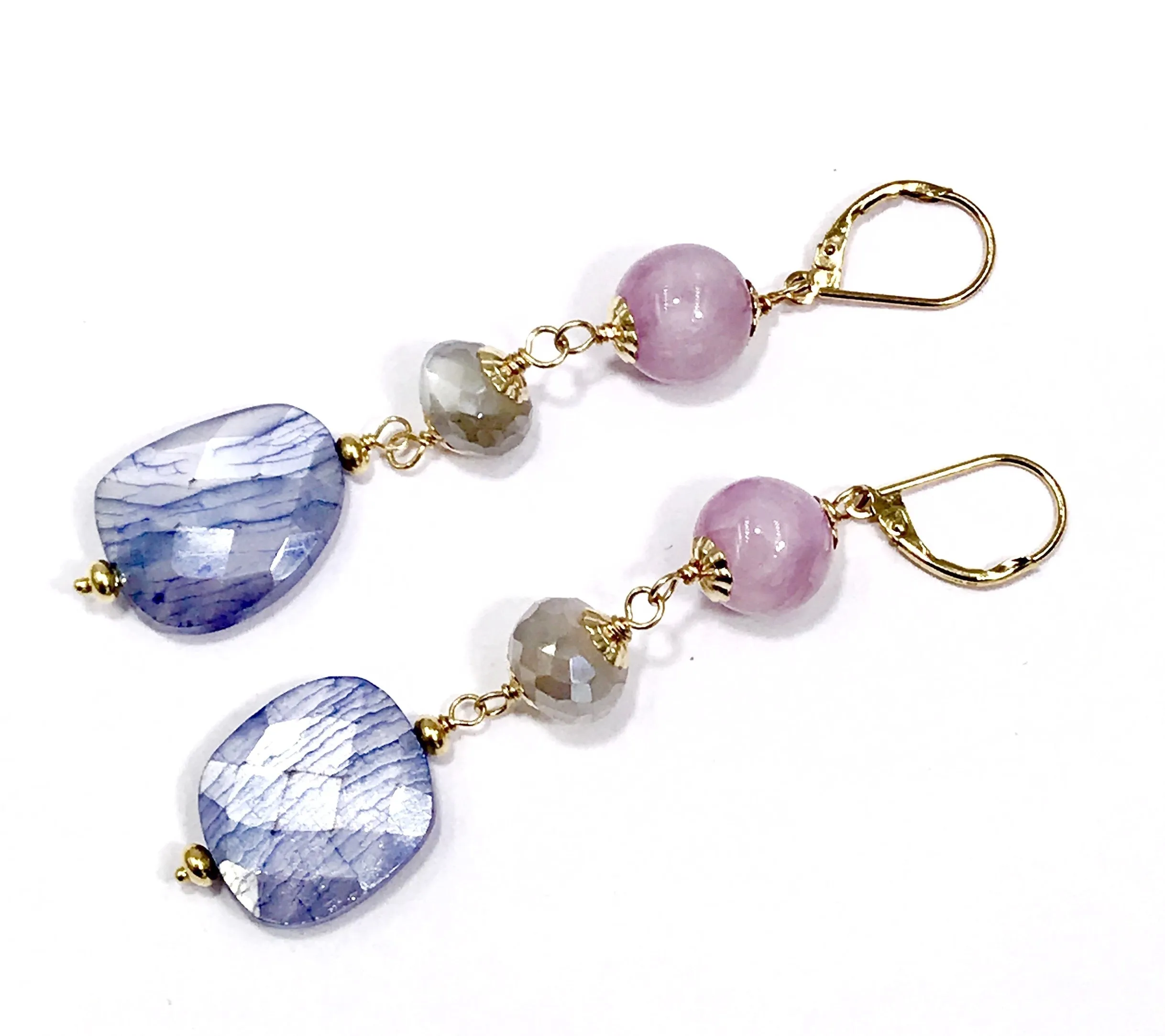 Sapphire Gem Slice and Kunzite, Moonstone Dangle Earrings